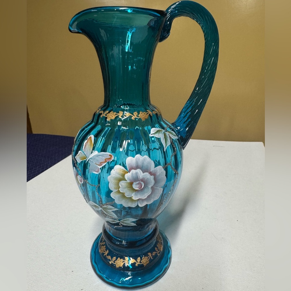 Fenton Turqouise Pitcher New Century XXI Signed Stacy Williams and Bill Fenton